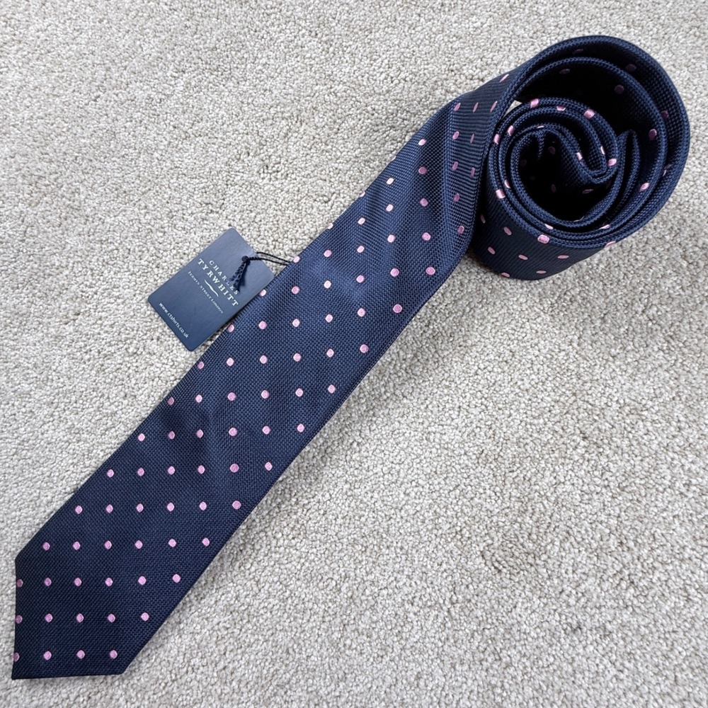 Charles Tyrwhitt Tie Mens OS Navy Pink NWT Silk Polka Dot Classic TIC0003NPK